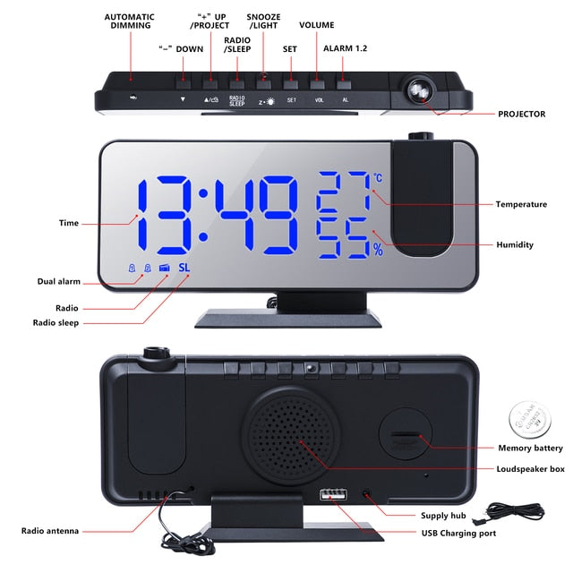 LED Digital Projection Clock, FM Radio, Lrg Display, Adjustable Volume Brightness NEW