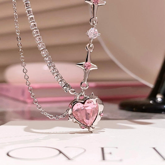 Pink Heart Crystal Necklace Silver Band Korean Style Sparkling Dazzling NEW