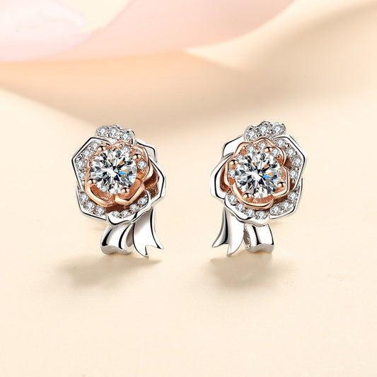 Valentines Day Silver Sparkling Rose Stud Earrings