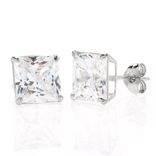 Valentines Day 14K White Gold Square Basket Setting Simulated Diamond Stud Earrings