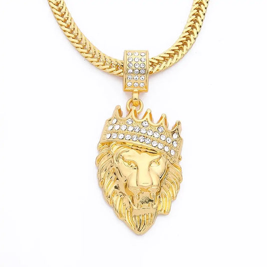 Lion Head Mens Necklace King of the Jungle Bling Crown Gold Alpha Male NEW