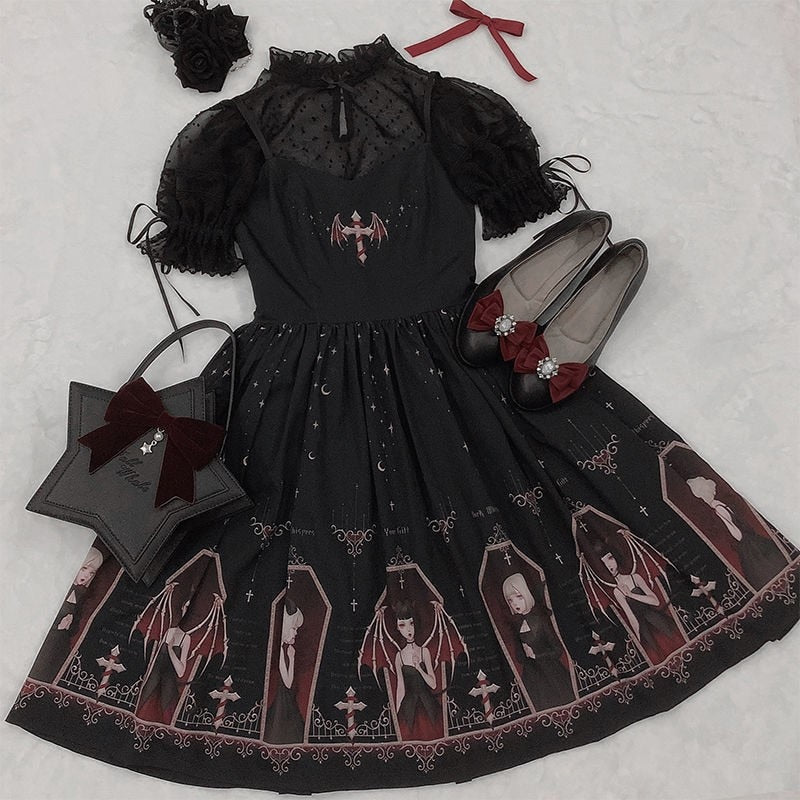 Victorian Gothic Devil Print Dress Japanese Style Lolita Black/White Short Playful Cosplay NEW