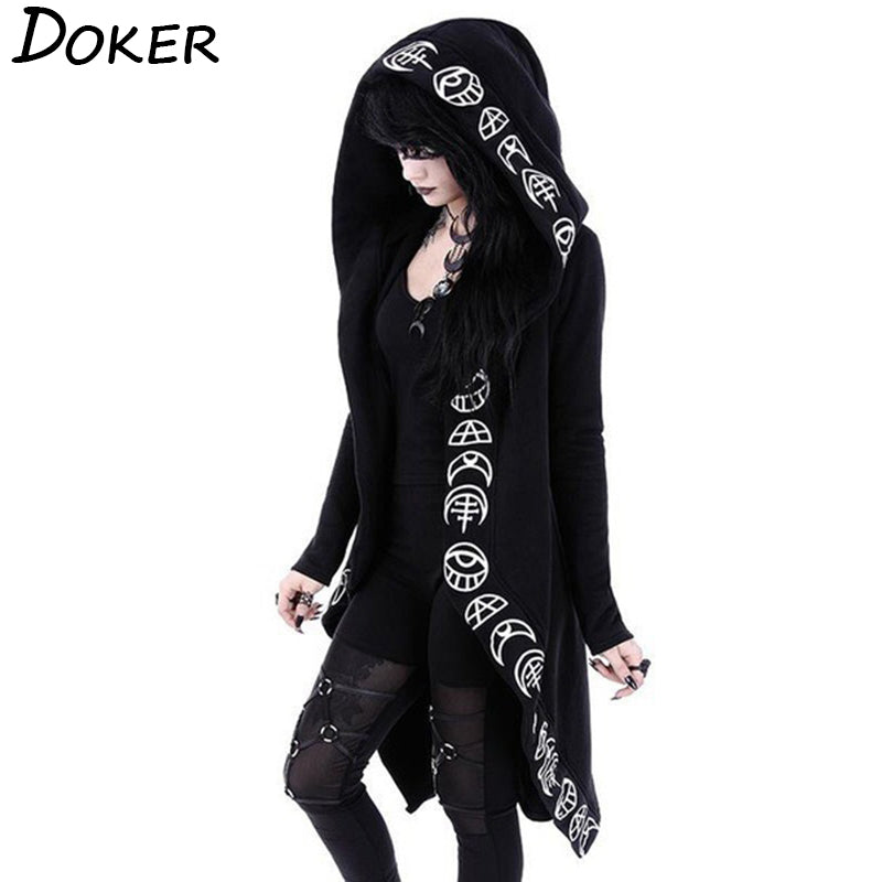 Gothic Punk Black Long Tail Hoodie Trench Coat Style Moon Print Hooded Sweatshirt Cosplay NEW