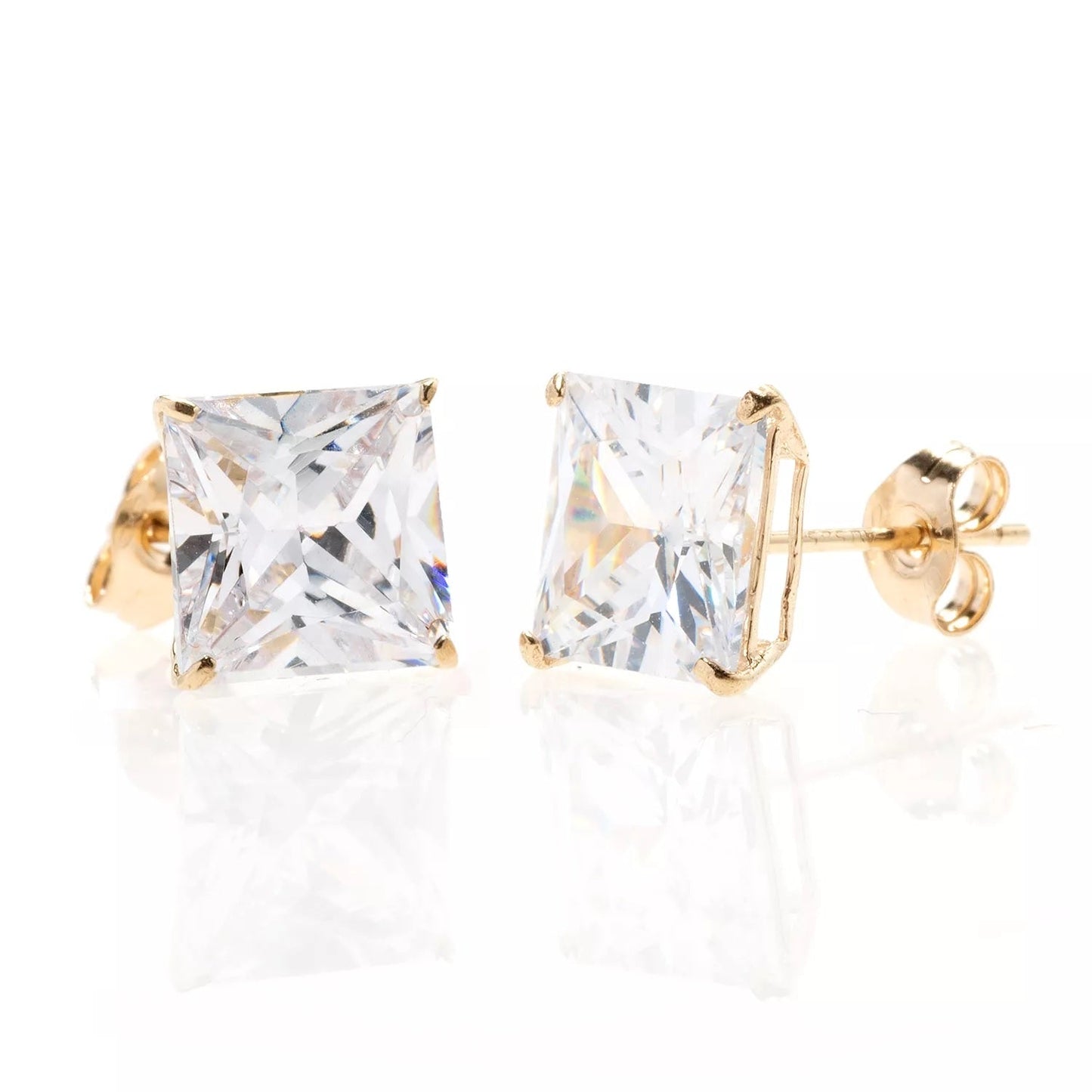 Valentines Day 14K Yellow Gold Square Basket Setting Simulated Diamond Stud Earrings