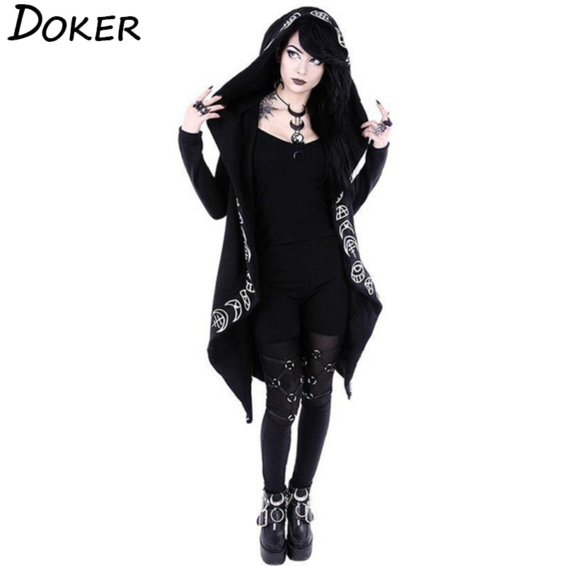 Gothic Punk Black Long Tail Hoodie Trench Coat Style Moon Print Hooded Sweatshirt Cosplay NEW