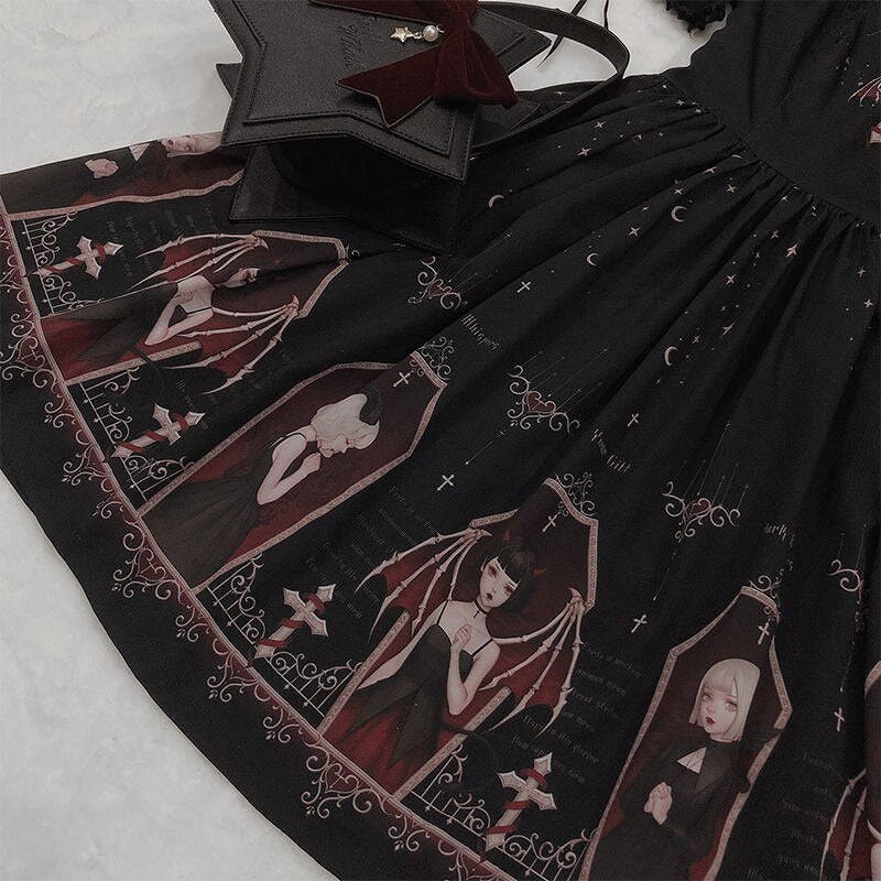 Victorian Gothic Devil Print Dress Japanese Style Lolita Black/White Short Playful Cosplay NEW