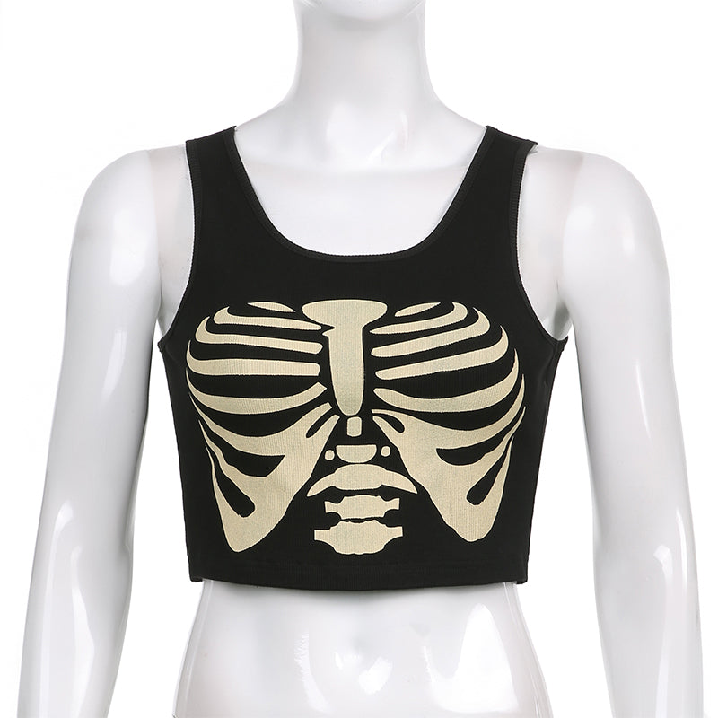 Gothic Tank Top Sleeveless Shirt Skeleton Print Halloween NEW