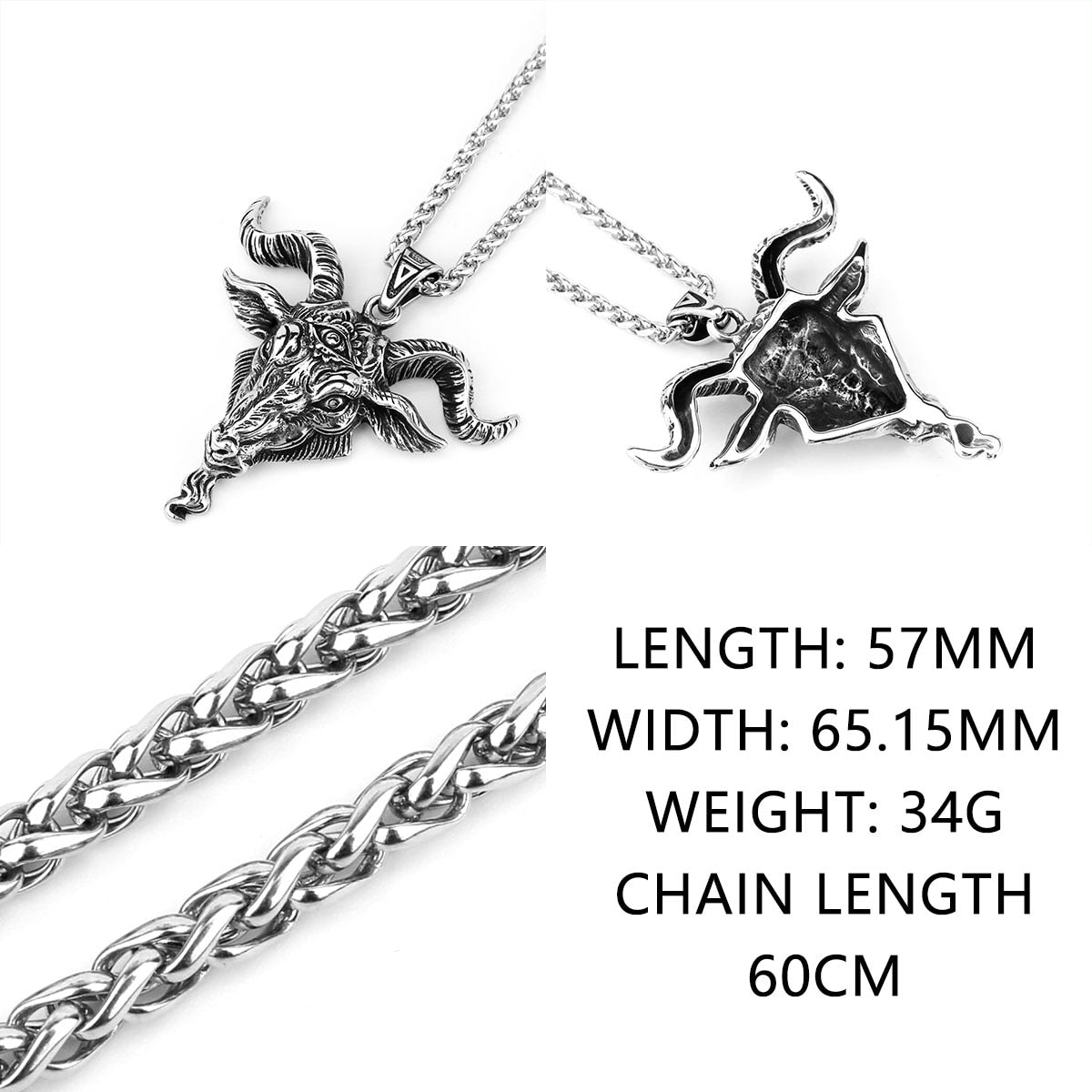 Stainless Steel Silver Viking Pendant Necklace Ram Goat Head Horns Gothic, AMB, NEW!